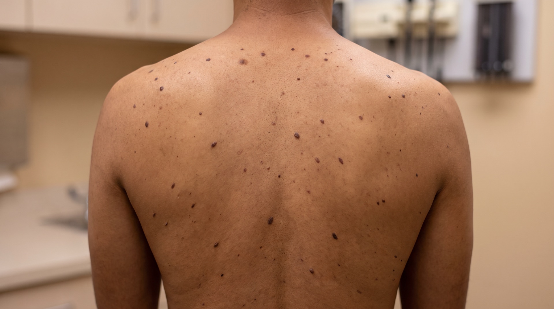 Clinical photograph of a patient's upper back with many small moles, seen straight on in an exam room