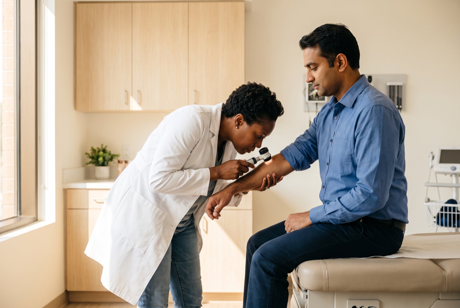 A dermatologist examines a patient's forearm with a handheld dermatoscope in a sunlit exam room