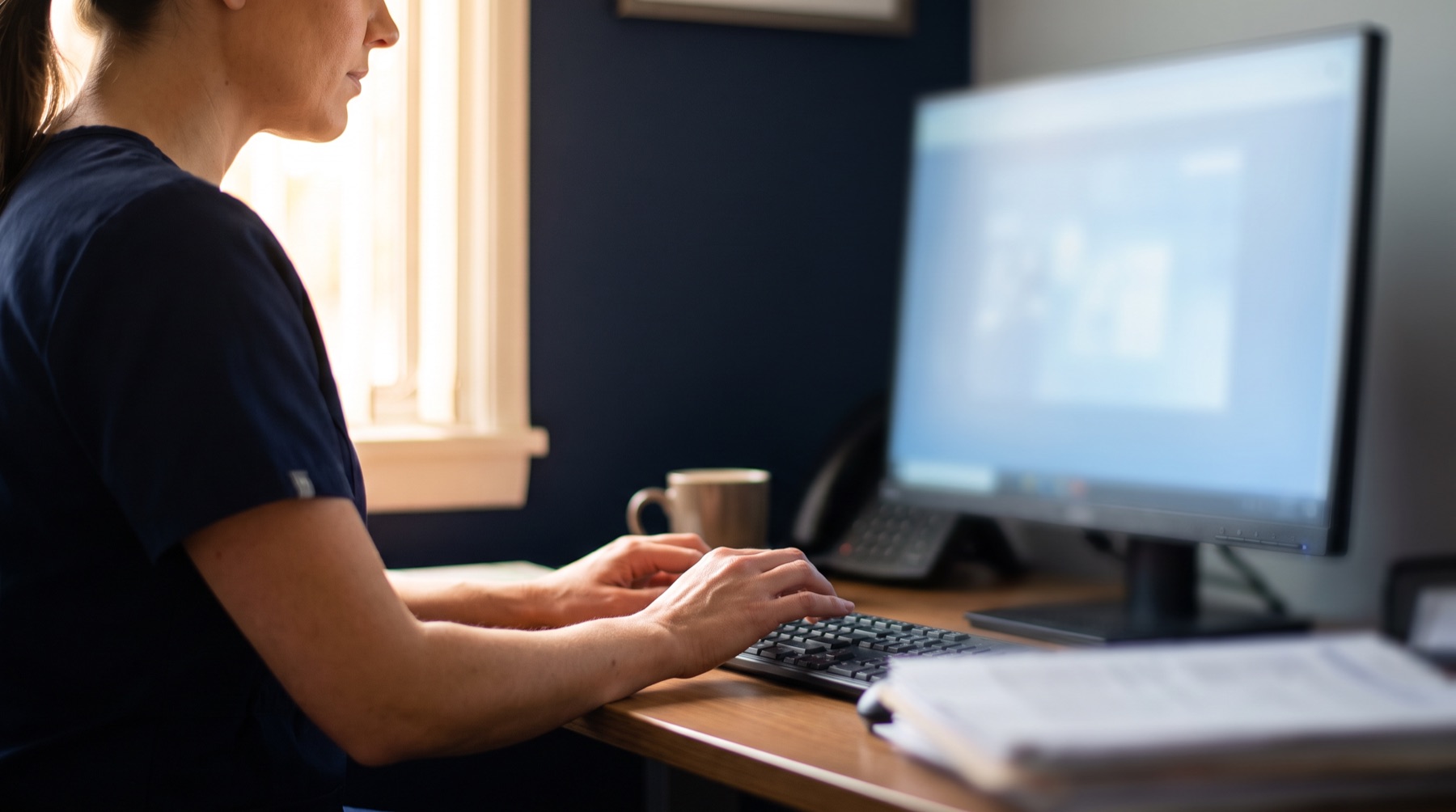 A clinician in navy scrubs types notes at a workstation, the monitor softly out of focus